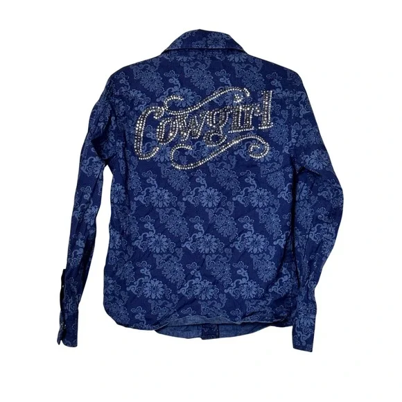 Cowgirl Hardware XS Western Shirt Blue Floral Rhinestone Embellished Girls - Picture 2 of 9